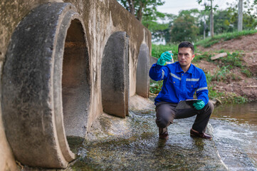 Environmental engineers inspect water quality,Bring water to the lab for testing,Check the mineral...