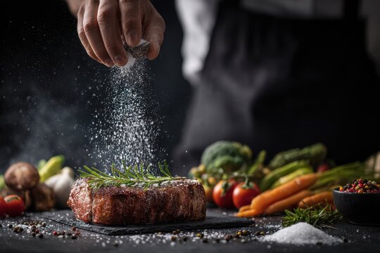 A chef is pouring salt on the steak, with fresh vegetables and spices around it. The background of dark black walls creates an atmosphere for cooking in a professional kitchen.