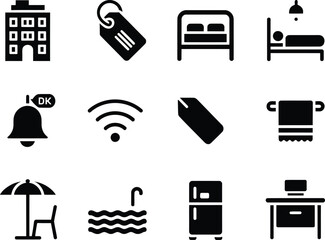 Collection of hotel and travel related icons in black and white