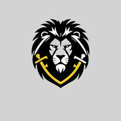 Obraz premium A stylized graphic design of a lion's head, surrounded by swords and a shield, set against a neutral background.
