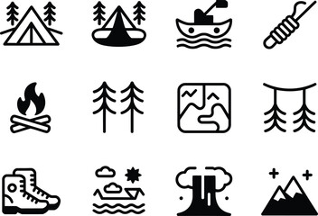 Obraz premium Collection of outdoor adventure and camping icons in black and white