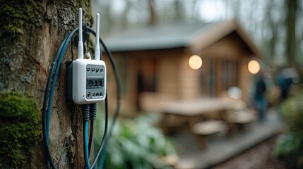 Modern satellite dish installation on a home exterior in a serene forested location during autumn
