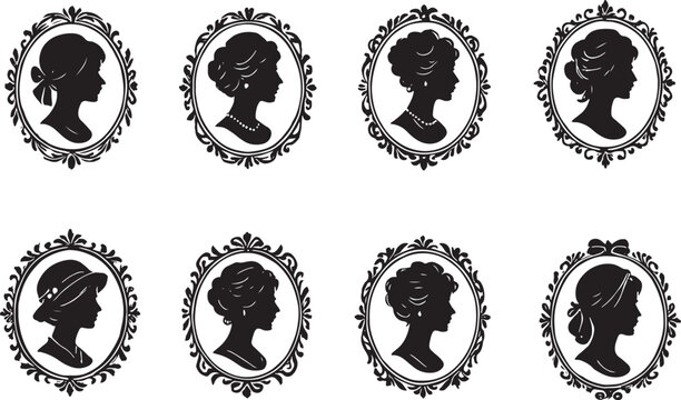 Elegant vintage cameo silhouettes of women within ornate decorative oval frames in black