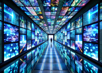 Infinite hallway of whispering digital screens