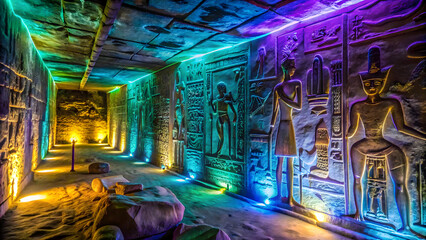 Crystal cave walls engraved with neon hieroglyphs