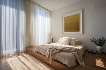 Modern, minimalist bedroom with a platform bed, sheer curtains, and natural light