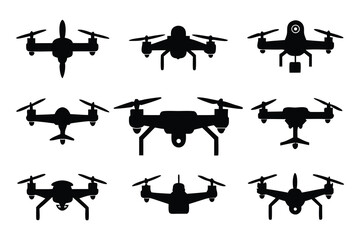 Modern Drone Silhouette Set – 12 Black Vector Designs in Flight with Top & Side Views on White Background.