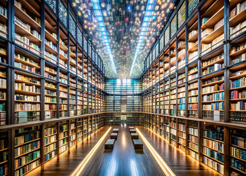 Ethereal library where pages shift between analog and digital