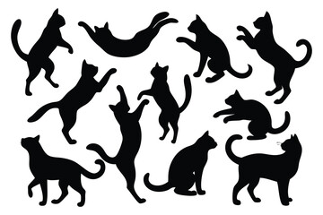 Cat Silhouette Vector Bundle – 10 Black Realistic Cat Poses in Playful, Jumping & Sitting Actions.