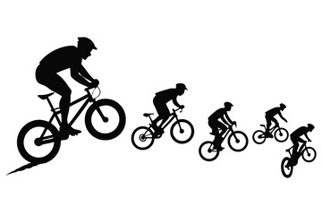 Mountain Biker Silhouette Collection – 8 Black Vector Stunt & Racing Poses with Side View Bikes.