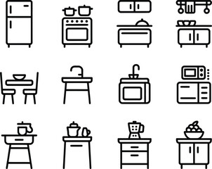 Modern Kitchen Appliances and Furniture Line Icons