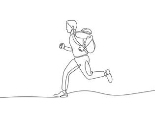 Fototapeta premium One Line Running Man with Backpack – Freedom, Fitness, and Motion Illustration