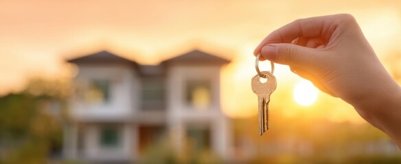 The keys symbolizing new beginnings in front of a beautiful home at sunset.