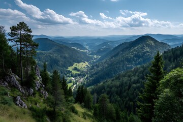 Obraz premium A panoramic view of beautiful Bavarian landscapes, with rolling hills, dense forests, and charming villages set against a clear sky.