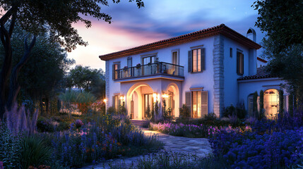 Luxury Mediterranean Villa Home at Dusk Architecture Exterior