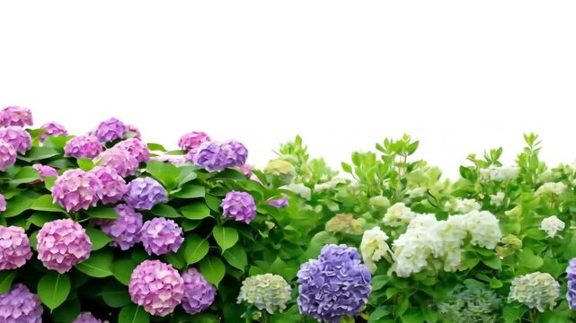 A row of hydrangea bushes with pink, purple, and white flower heads against a white background.