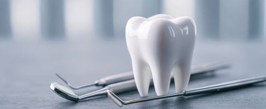 The pristine tooth resting on dental instruments in a modern clinic setting.