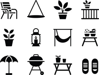 Collection of outdoor leisure and gardening icons in black and white