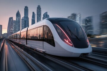 Fototapeta premium A futuristic monorail train gliding through the city, high-speed motion blur effect, sleek white exterior with black windows and red lights, high-tech design with streamlined.