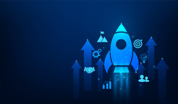 business startup concept rocket launch success with icon on blue background. strategy and mission achievement concept. vector illustration fantastic technology.