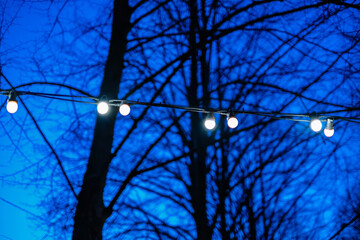 A captivating evening scene featuring a string of illuminated outdoor globe lights set against a...