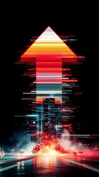 Futuristic Neon Arrow Rising from Exploding Cityscape with Light Trails