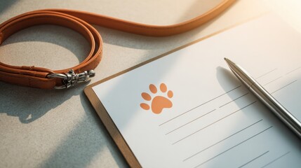 Pet insurance application form on clipboard with pen and leash in sunlight, symbolizing veterinary care, pet safety and responsible animal ownership documentation