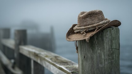 Fishermanâ€™s weathered hat on dock post, early morning fog, muted blues and soft grays