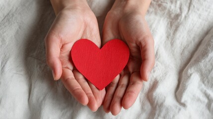 Red heart symbol resting in open hands on soft fabric surface representing health insurance, emotional care and compassionate personal protection support