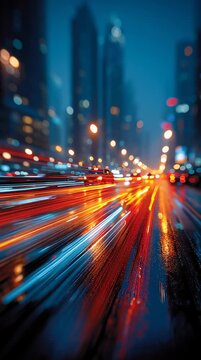 Night City Street with Dynamic Light Trails and Wet Road Reflections