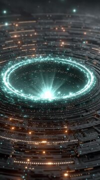 Futuristic Glowing Vortex with Concentric Metallic Rings and Radiant Light