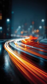 Curved Light Trails on Wet City Street with Vibrant Reflections at Night