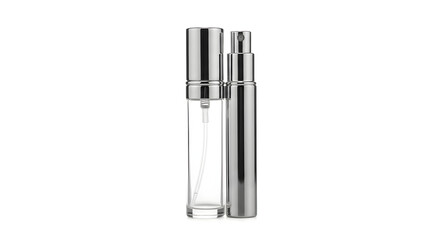 Two travelsized perfume atomizer bottles, one glass and one metal