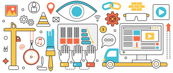 App software development. Abstract process with construction crane building application, team of developers create web content, time management in infographic concept banner, thin line art design