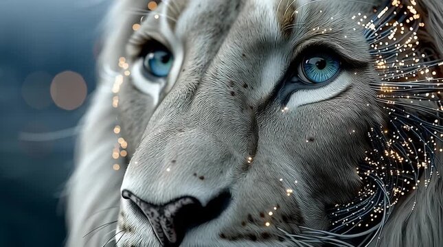 Futuristic Lion Close Up with Glowing Fiber Optic Mane and Blue Eyes