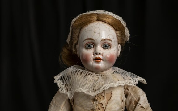 Halloween Antique Porcelain Doll with Cracked Face and Lace Collar Against Black Background Holloween,