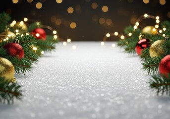 Christmas tree branch border with snow frame and light bokeh background for product placement, montage, promotion, mock up with copy space. Super saturday sale, shopping day or christmas shopping.	
