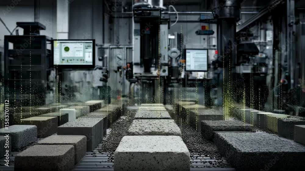 Poster automated production line manufacturing concrete bricks in modern factory using data analysis and in