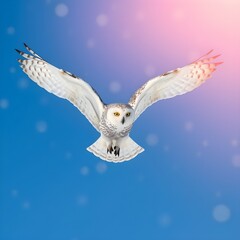 snowy owl in flight with blue sky