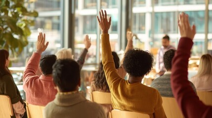 The engaged audience raising hands during an interactive workshop session.