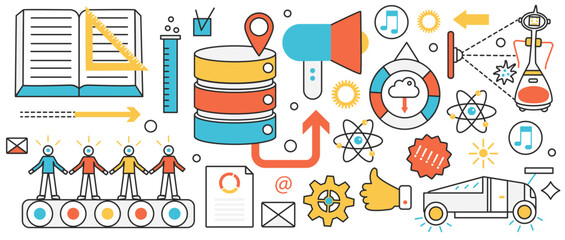 Business teamwork and creation process. Abstract conveyor with employees, financial data analysis process and content management, creative startup in infographic concept banner, thin line art design