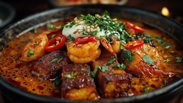Moqueca Baiana: A vibrant bowl of Moqueca Baiana, a traditional Brazilian seafood stew with shrimp, fish, and coconut milk, garnished with fresh cilantro and chili peppers.