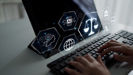 Futuristic digital law interface displaying justice scale, highlighting digital law, AI compliance,...