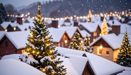 Snowy village at night, Christmas lights