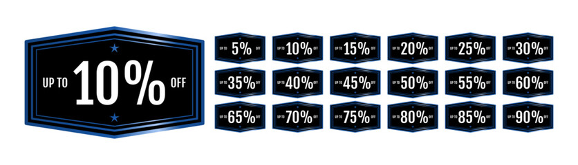 Fototapeta premium Vector set of discount badges with blue and black design. Includes labels from 5% to 90% off. Perfect for sales, promotions, and marketing materials.