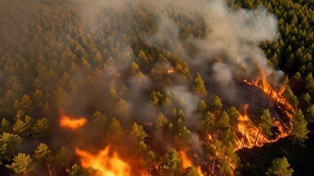 Aerial view of a forest wildfire with raging flames and thick smoke, symbolizing natural disaster, climate change, and environmental destruction.