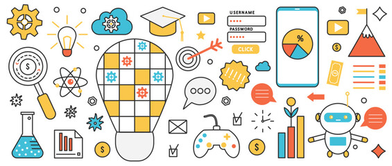 Web application technology. Abstract solution and work process with digital network and electronic device, interface and software for mobile phone in infographic concept banner, thin line art design