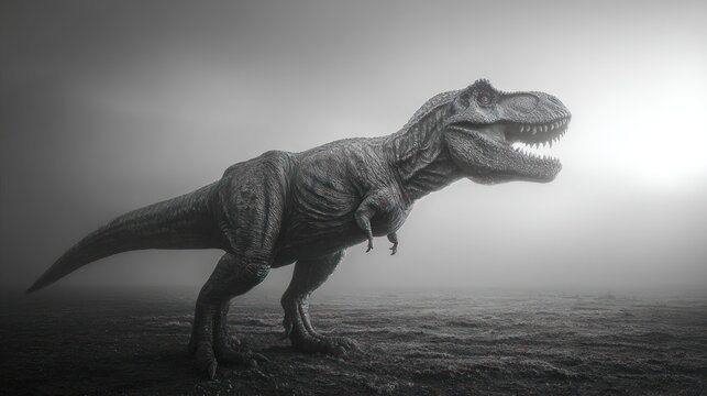 A grayscale T-Rex in a foggy landscape