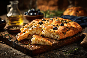 Rustic Provençal fougasse bread with olives and herbs