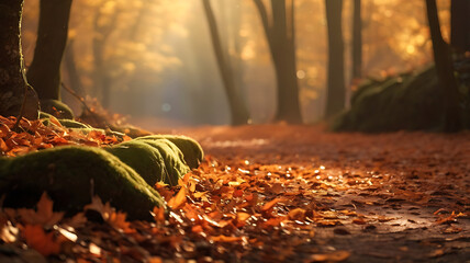 "Cozy autumn forest wallpaper in 16:9 aspect ratio, golden and red foliage, fallen leaves covering forest floor, sunbeams shining through orange canopy, soft mist in the background, tranquil natural a
